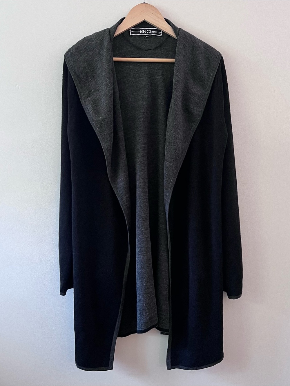 BNCI by Blanc Noir Hooded Long Open Cardigan Wool Blend Black Gray XL EUC